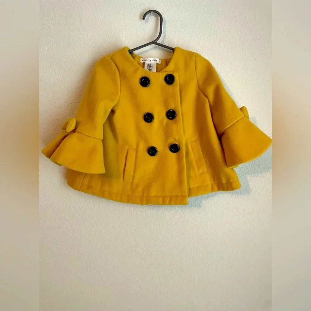Max Studio toddler girls mustard yellow pea coat with bows on bell sleeves 3T